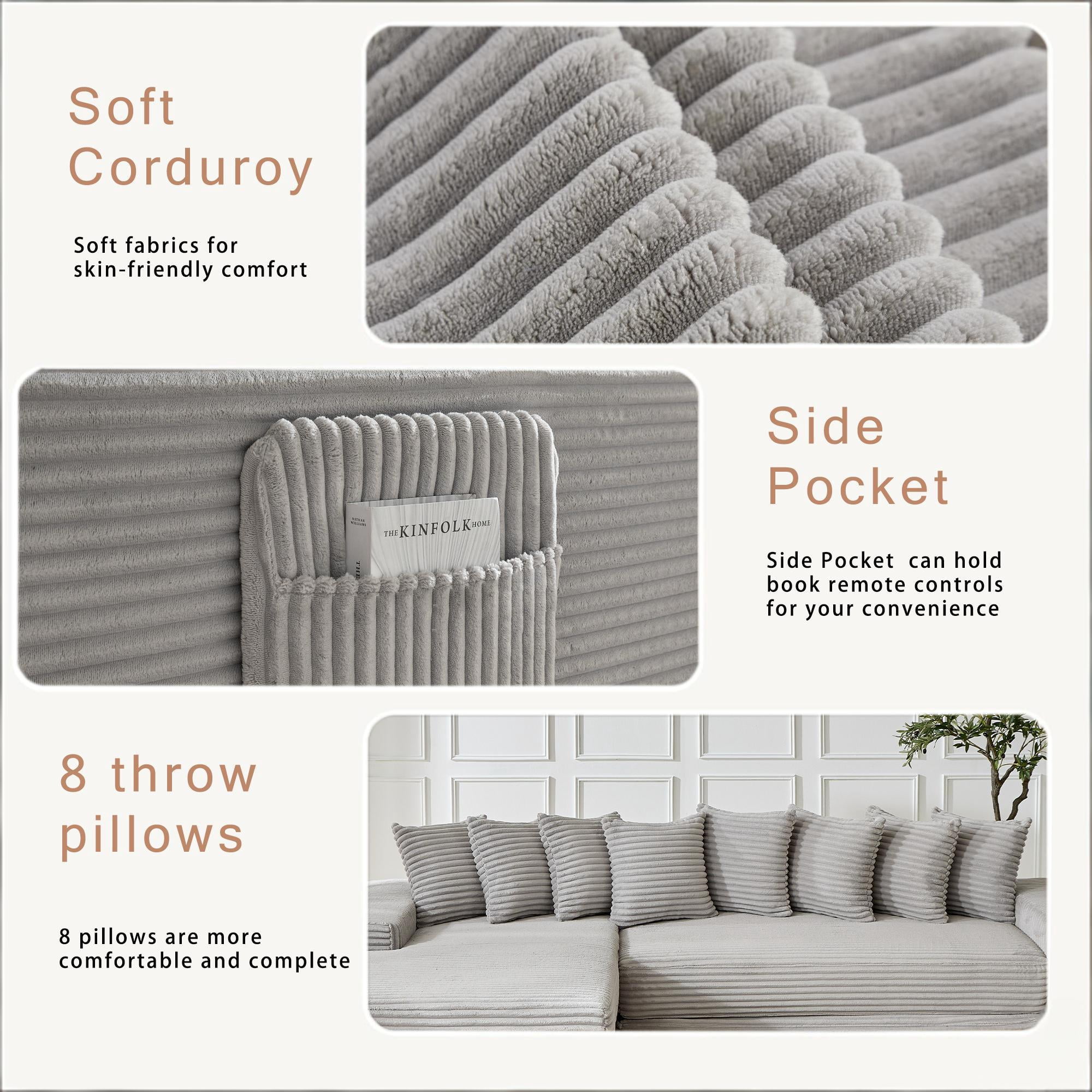 Howcool Modern L-Shaped Sectional Sleeper Sofa Oversized Cloud Couch 3-in-1 Convertible Floor Bed Corduroy with 8 Pillows