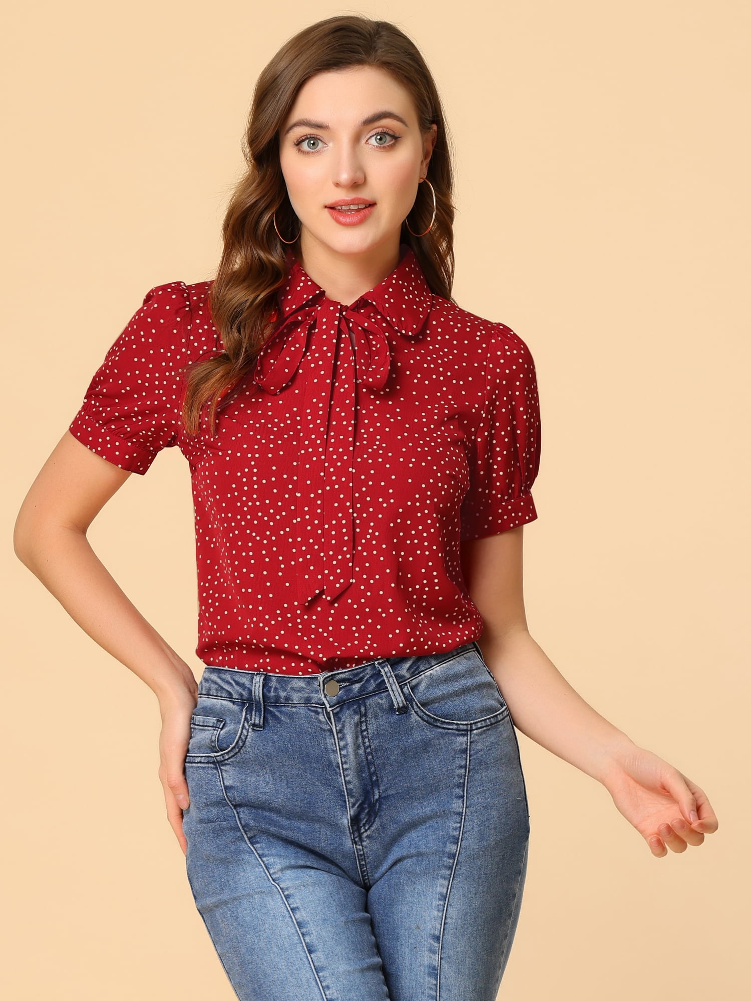 DARING DIVA Women's Polka Dots Tie Bow Chiffon Blouse XL Red-Dots