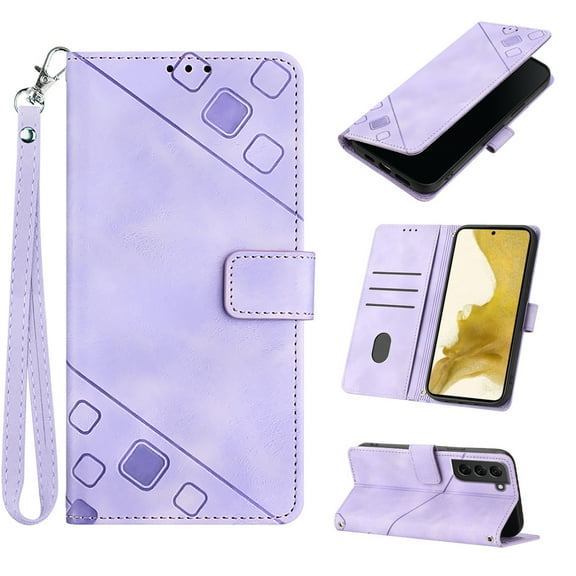 Feishell for Samsung Galaxy S22 6.1 inch Wallet Case with Wrist Strap,Flip Cover with Embossed Pattern PU Leather Kickstand Credit Card Slots Magnetic Clasp Folio Purse Phone Case,Purple