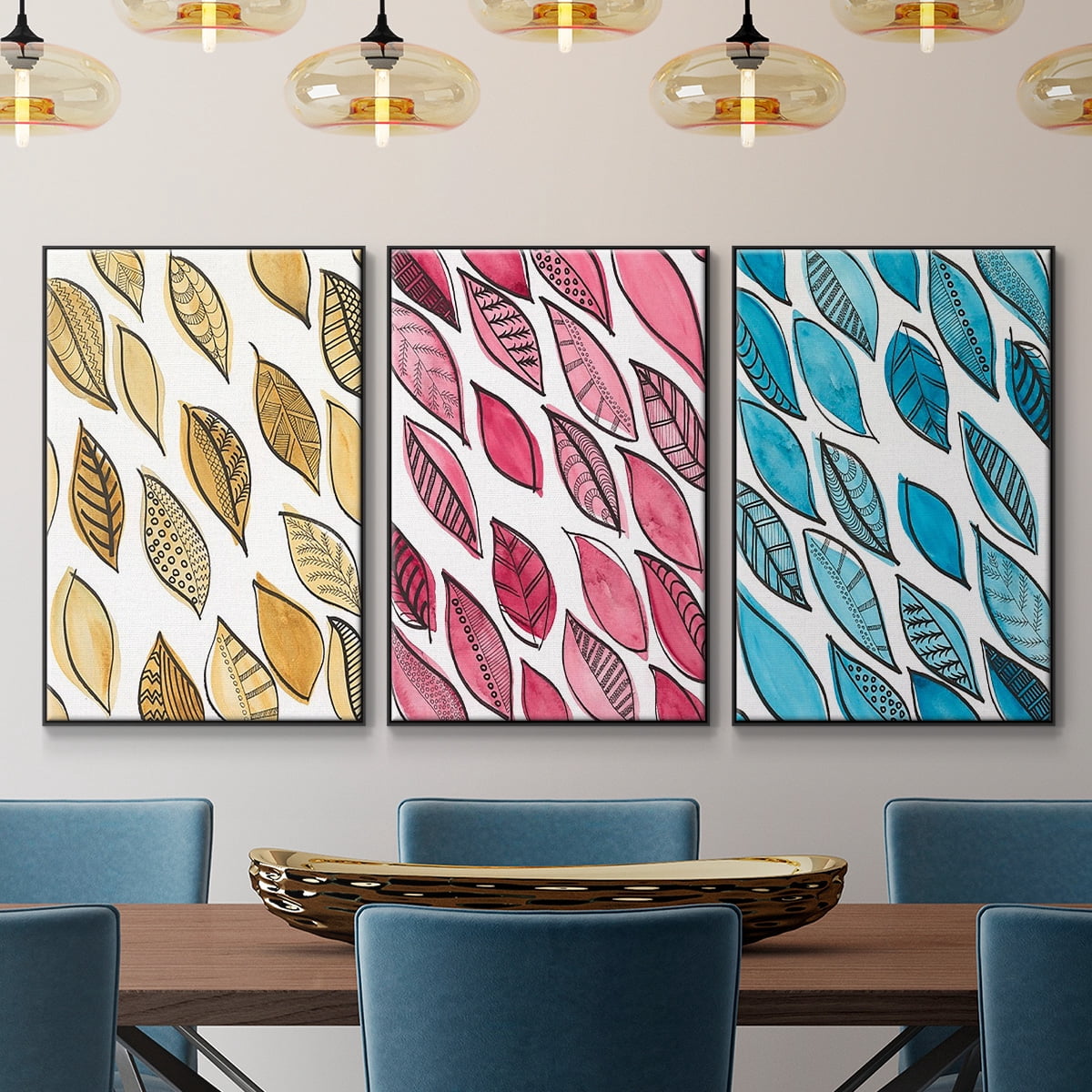 Patterned Leaf Shapes I - Framed Premium Gallery Wrapped Canvas L Frame 3 Piece Set - Ready to Hang