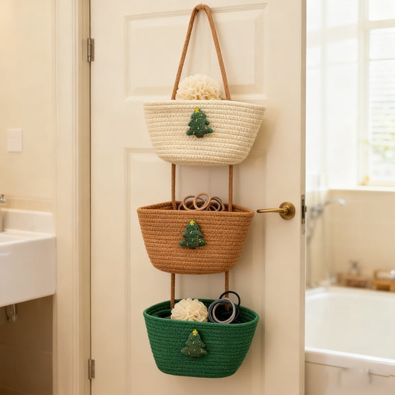 Kumdkd Cartoon Style 3 Tier Hanging Storage Basket, Handmade Cotton Decorative Wall Organizer for Bedroom, Living Room, Kids Room, Entryway, Flower Basket