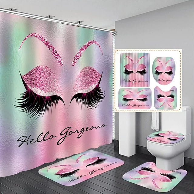 4PCS/Set Pretty Eyelash Cortina de ducha Bling Purple Hello Gorgeous Decoración de baño Tela impermeable Poliéster Cortina de baño Cortinas de bañera, Alfombra de baño Alfombra de baño Alfombras de in JFHHH pequeña