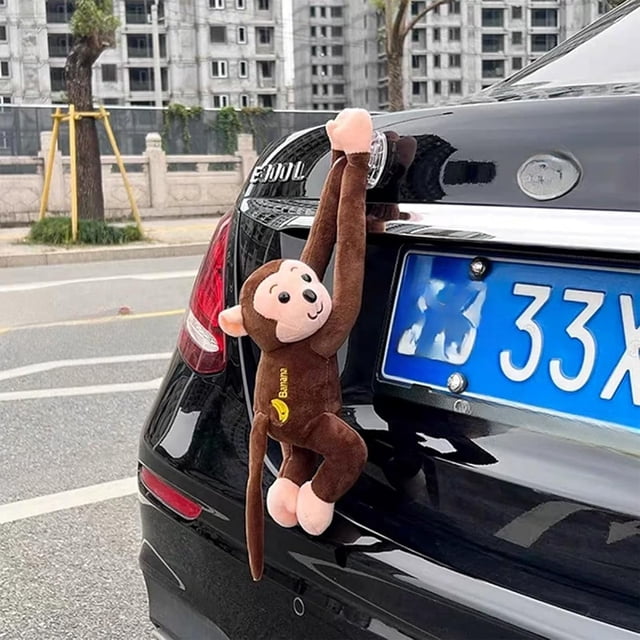 Tail-Wind Monkey Squad Car Decoration, Cute Hanging Plush with Suction Cup, Fun Rear Trunk or Window Ornament, Adorable Auto Interior & Exterior Accessory (Brown,45CM/17.7IN)