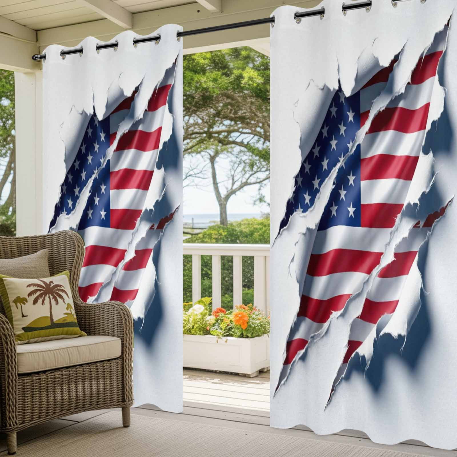 Independence Day Outdoor Curtains for Patio, Watercolor U. S. Flag Shabby Chic Abstract Sunshade Privacy Drapes Grommet Waterproof Outside Curtains for Porch/Cabana/Balcony 54"x 108", 1 Panel