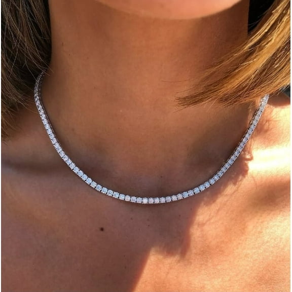 14K White Gold Plated Women's Tennis Necklace 18" 3MM Round Simulated Diamond