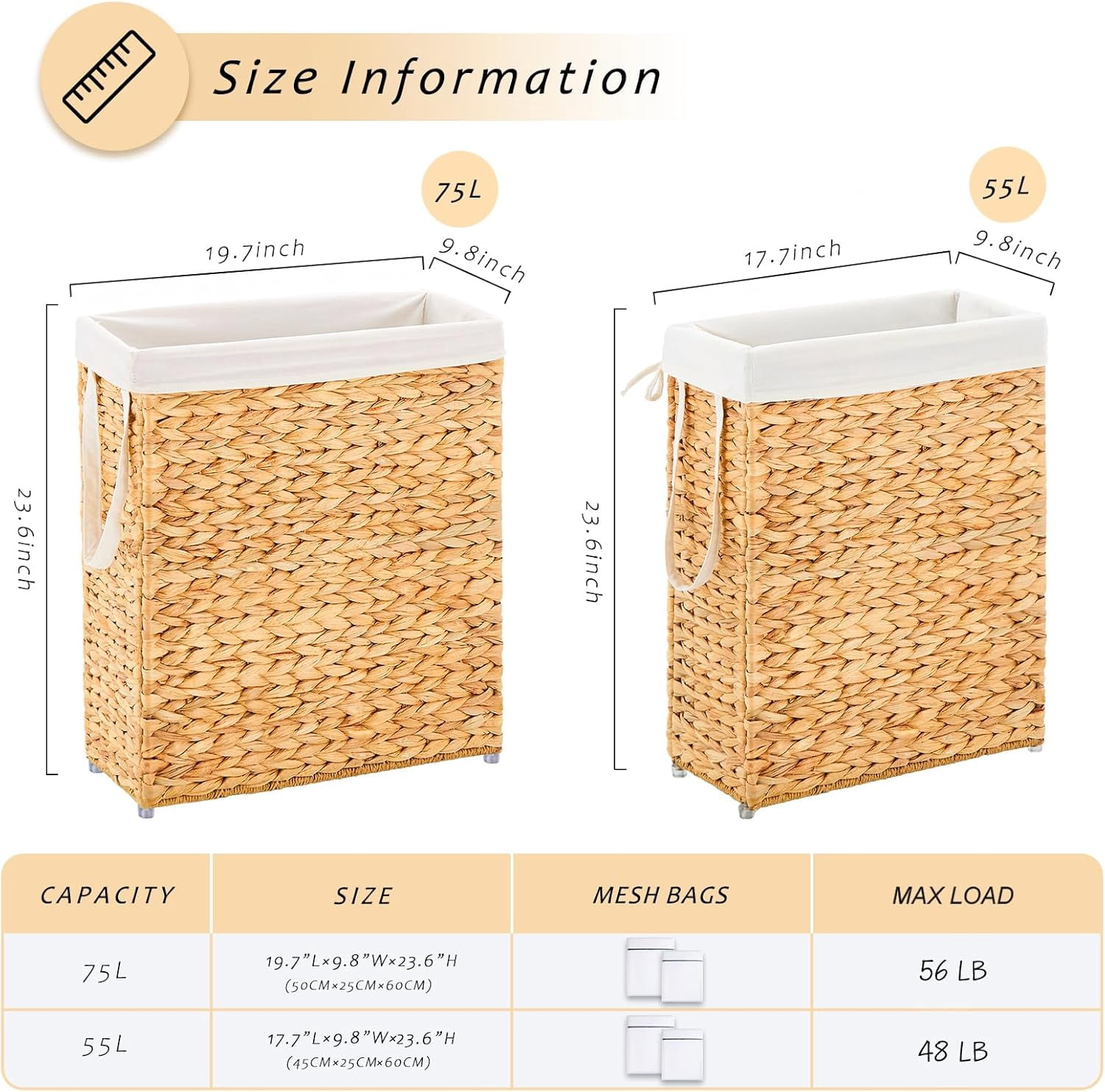 Casa Pura Furniture 55L Slim Handwoven Water Hyacinth Laundry Hamper, Narrow Wicker Laundry Basket with Handles, Removable Liner & 2 Mesh Bags