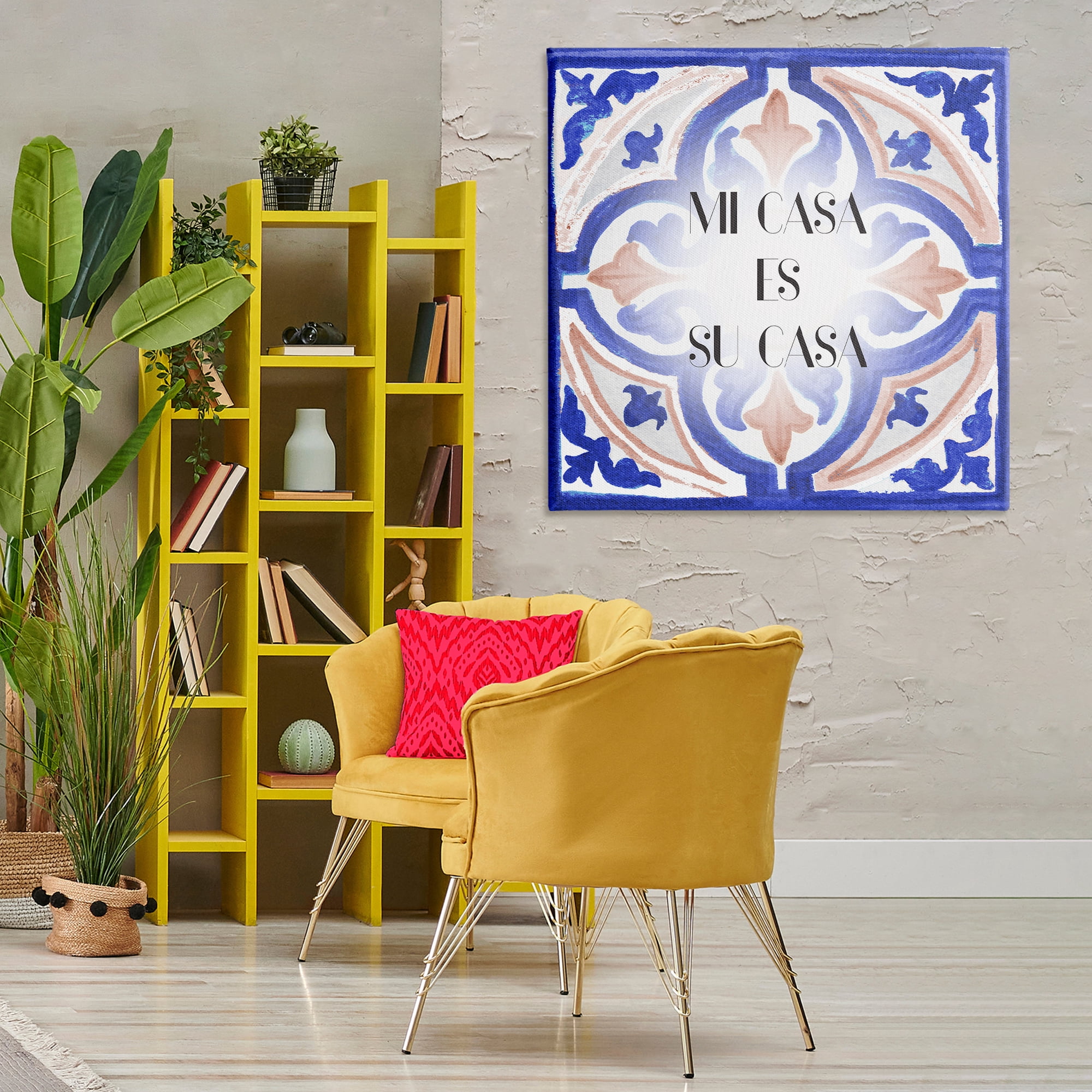 Stupell Industries Mi Casa Azulejos Tropicales Inspirational Quotes & Sayings Painting Wrapped Canvas Art Print Wall Art, 36 x 36