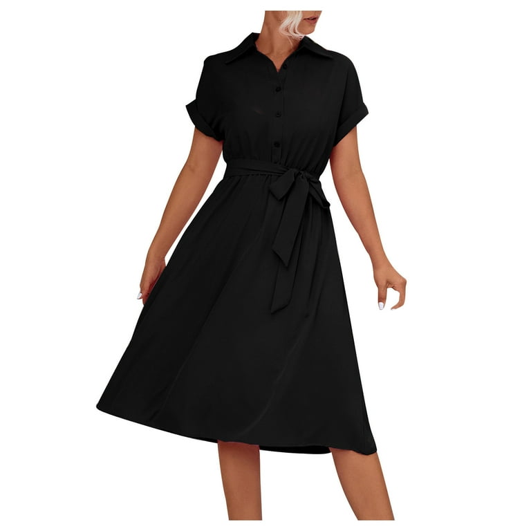 Dasayo Short Sleeve Womens Summer Dresses 2025 Knee Length Black Formal  Dresses Solid V Neck Office Work Dresses - Walmart.com