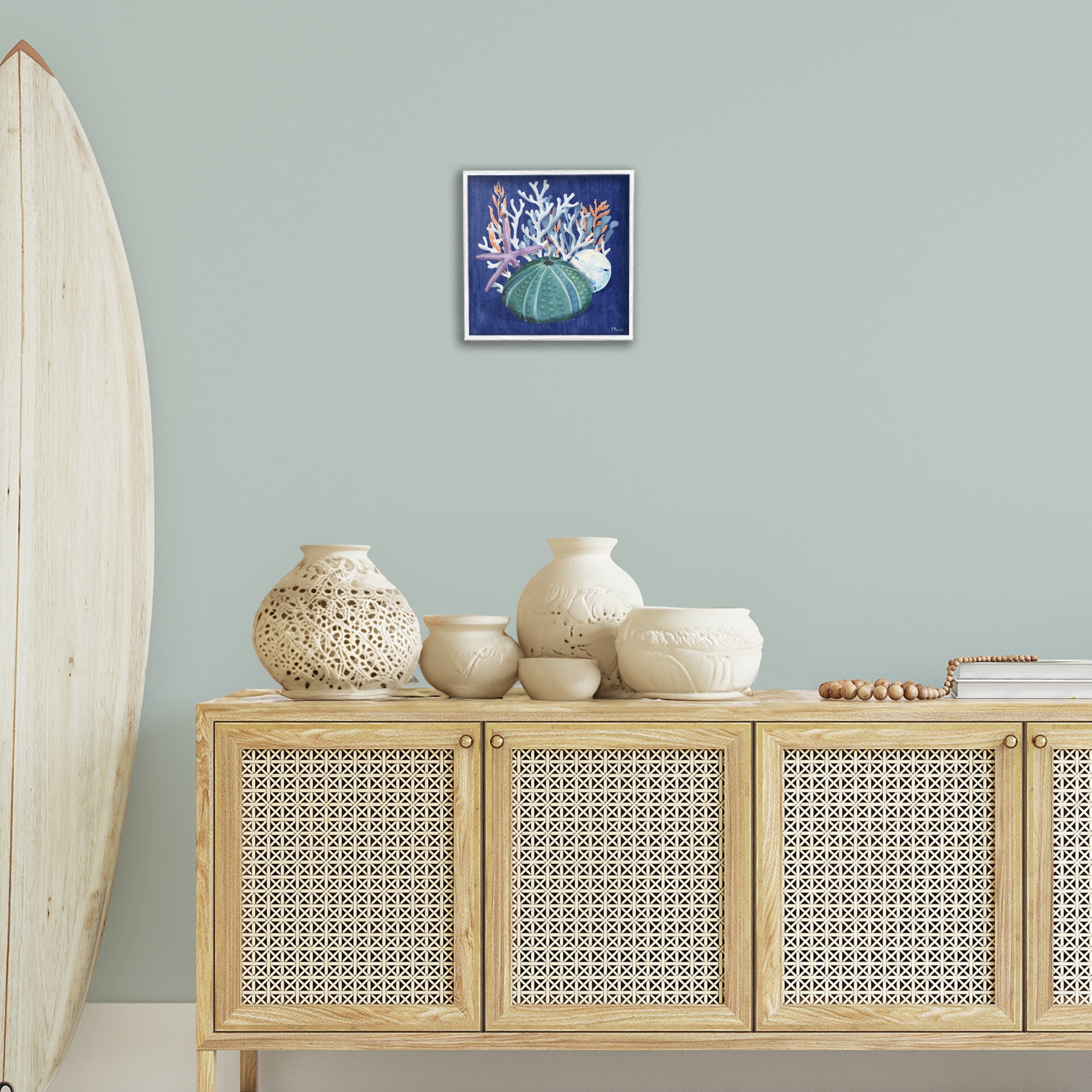 Stupell Industries Monterey Urchin & Coral Coastal Painting White Framed Art Print Wall Art, 12 x 12