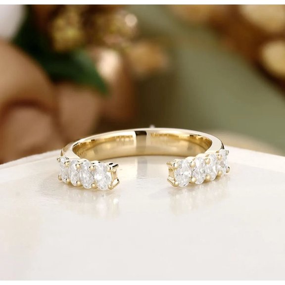 Jewelerix 14K Gold Vermeil Open Ring for Women, Engagement Cuff Band with Oval Stones, Dainty Stackable Ring Wedding Proposal Jewelry