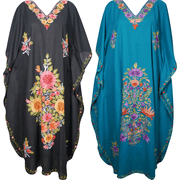 Mogul Womens Evening Caftan Kashmiri Crewel Traditional Embroidered Bikini Cover Up Maxi Dress Lot Of 2Pcs