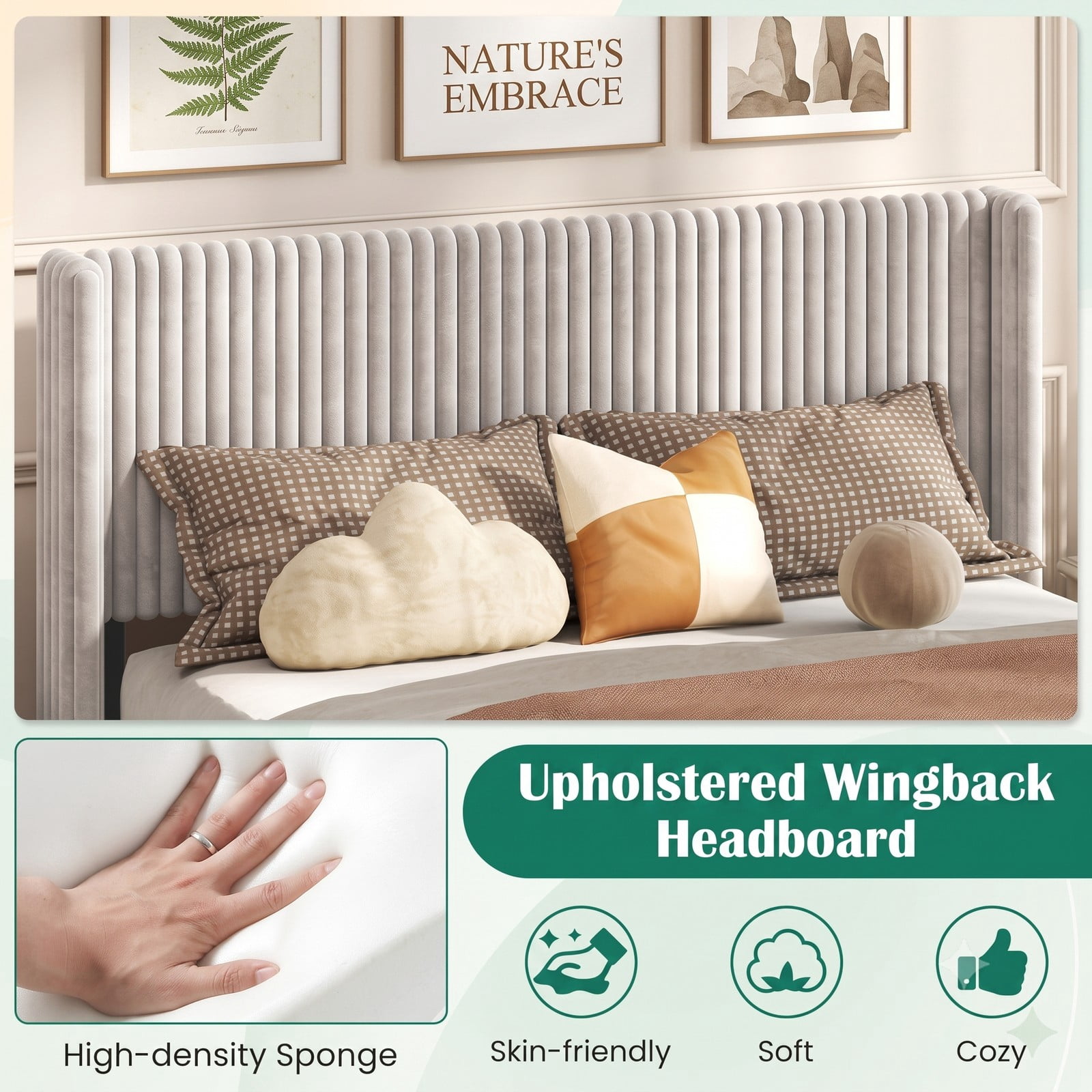 Furnibear Queen Bed Frame with Headboard, Velvet Upholstered Platform Bed with Vertical Channel Tufted Wingback Headboard, White