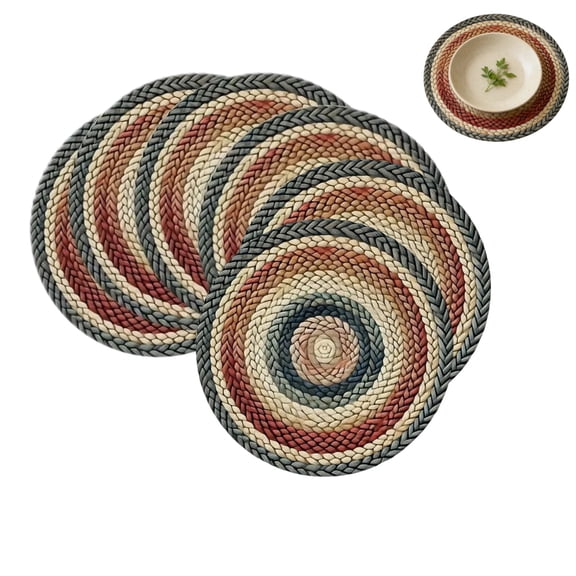 Round Braided Placemats Set of 6 – Non-Slip Washable Table Mats for Dining Tables, Natural Farmhouse Decor with Warm Earthy Tones