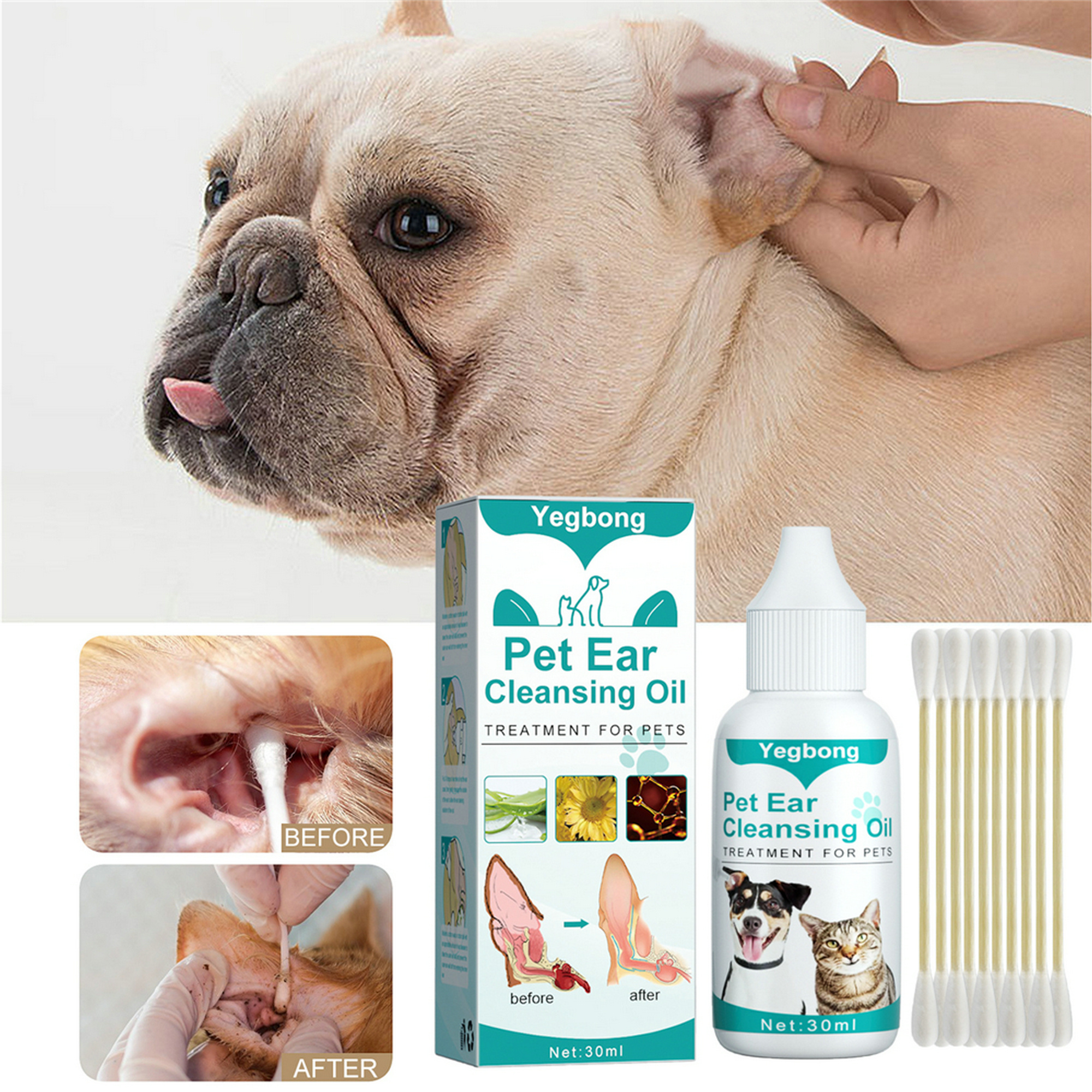 Kiluex 30ML Pet Ear Cleansing Oil & Swabs Cats Dogs Ear Drops Cleaner
