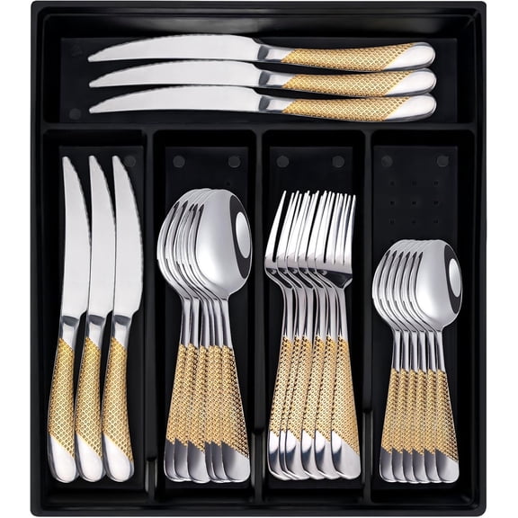 24-Piece Flatware Set with Drawer Organizer, Stainless Steel Silverware Set Service for 6, Cutlery Utensil Sets with Antiskid Handle, Rust-proof In-Drawer Cutlery Set, Mirror Polished
