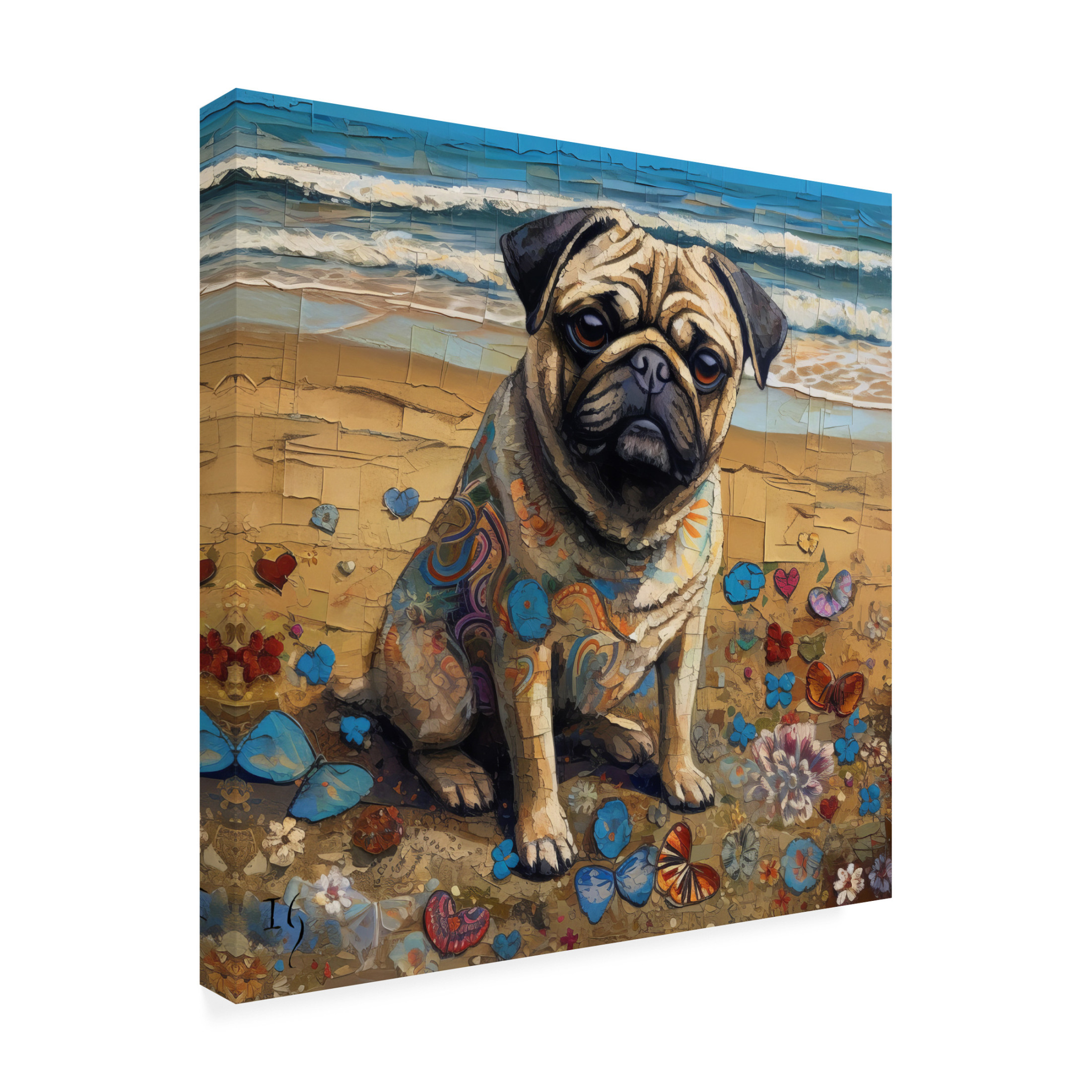 Canvas Wall Art - Ivan Guaderrama 'Pugs Seashore' Wall Art for Living Room, Bedroom, or Office Décor by Trademark Fine Art - 35 x 35 Inches