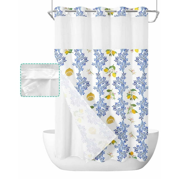 No Hook Shower Curtain with Snap in Liner, Summer Lemon Retro Flower Leaves Hotel Shower Curtains for Bathroom, Washable Shower Curtain Liner Set with Mesh Top Window, 36"x78"