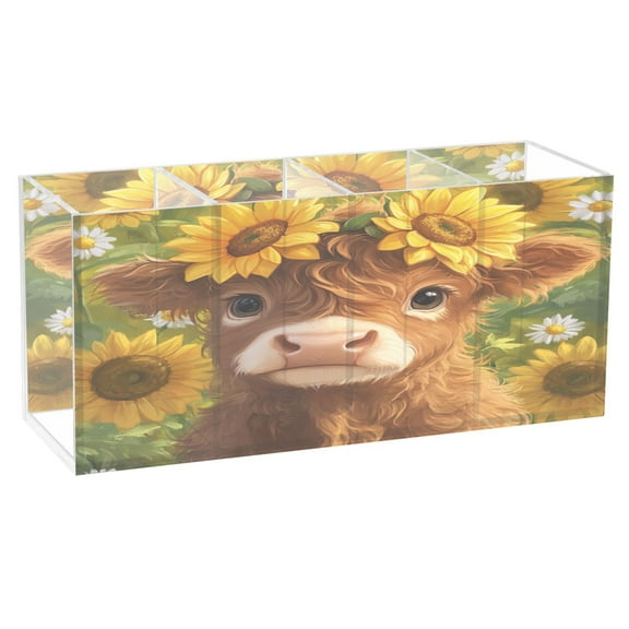Cute Highland Cow Acrylic Pen Holder 4 Compartments Clear Pencil Organizer Cup Makeup Brush Holder for Office Desktop Dorm Home