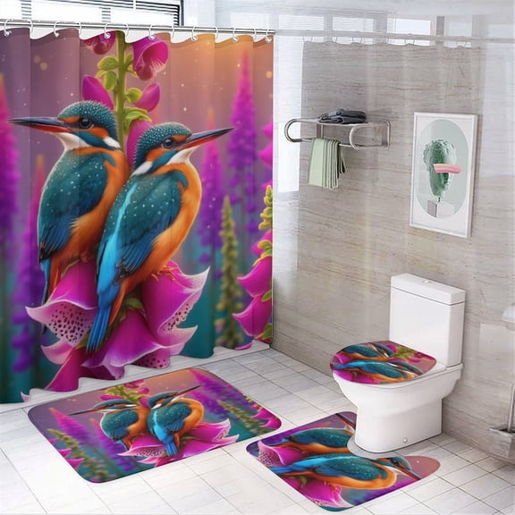 Two Birds on Pink Flowers Shower Curtain Set Modern Bathroom Decor Mats 4pcs Fabric Bathroom Curtain Slip Floor Rug Toilet Lid