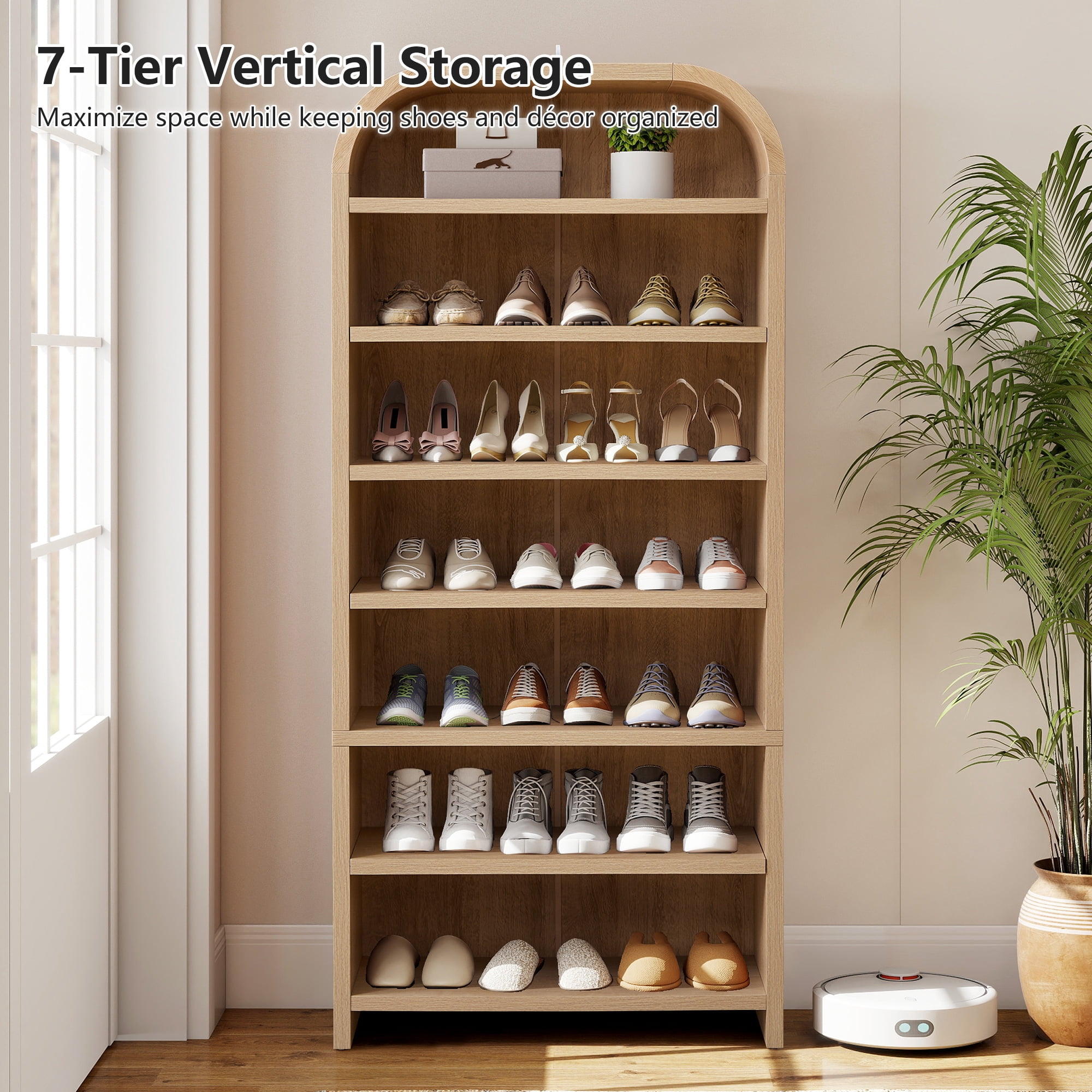 Wirrytor 7-Tier Arched Tall Shoe Cabinet, Freestanding Shoe Closet Organizer with Adjustable Shelves, Wood Rack for Entryway Hallway Bedroom, Natural