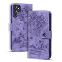 SaniMore Magnetic Wallet Case for Samsung Galaxy S23 Ultra [RFID Blocking] Card Holder, Cartoon Embossing PU Leather Cover Built-in Kickstand & Wrist Strap Shockproof Protective Shell, Purple