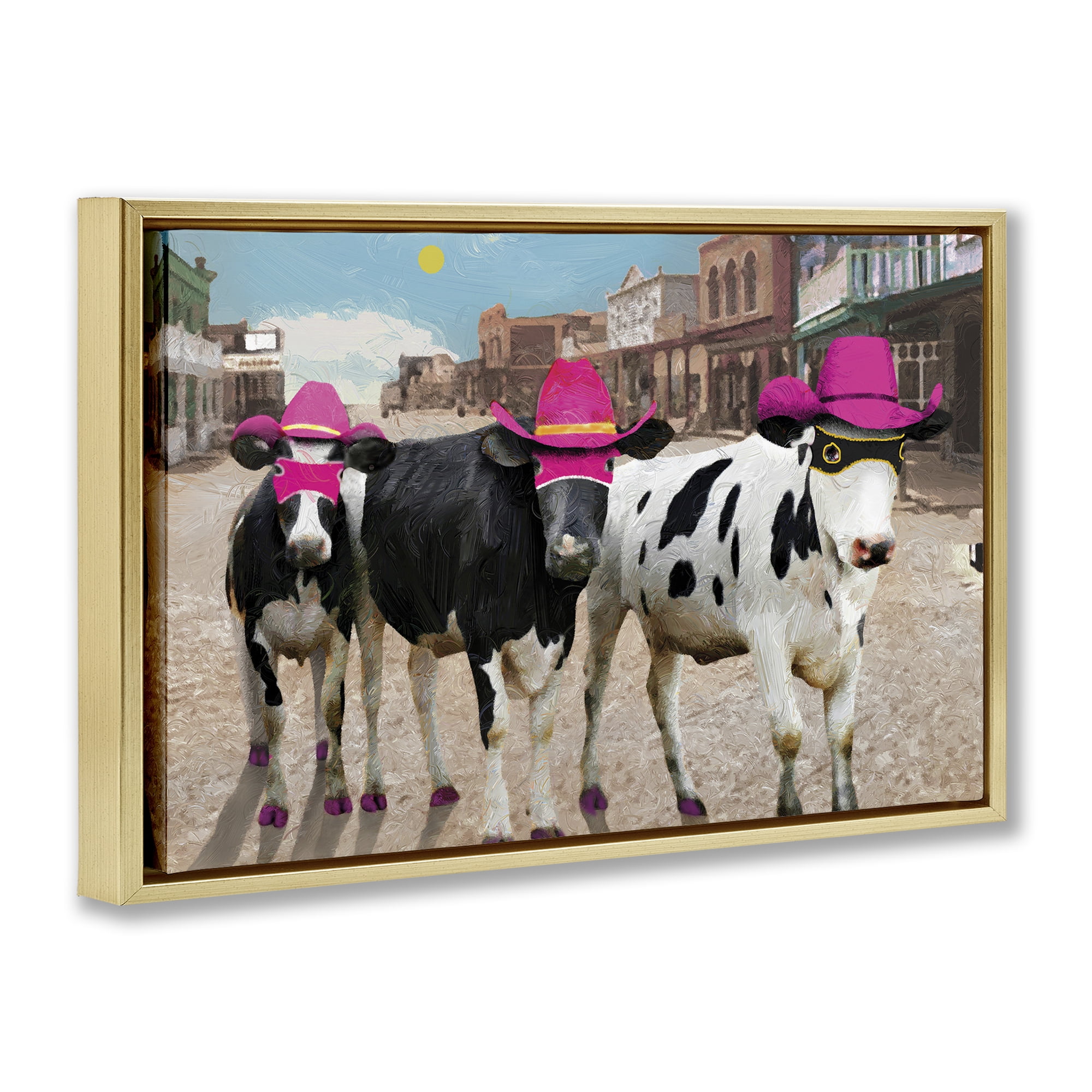 Stupell Industries Superhero Cows in Town Scenery Painting Gold Floater Framed Canvas Art Print Wall Art, 25 x 17