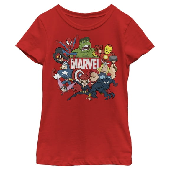 Girl's Marvel Animated Group Logo  Graphic Tee Red X Small