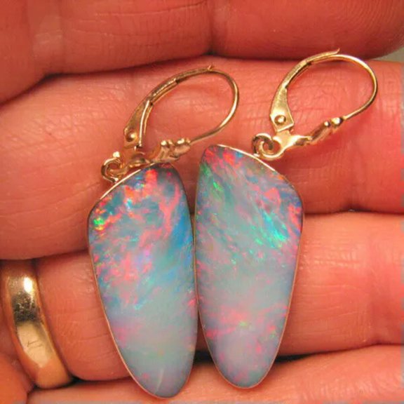 HOOUN Simple Silver Earrings Oval White Fire Opal Ear Hook Drop Women Jewelry A Pair-Multicolor