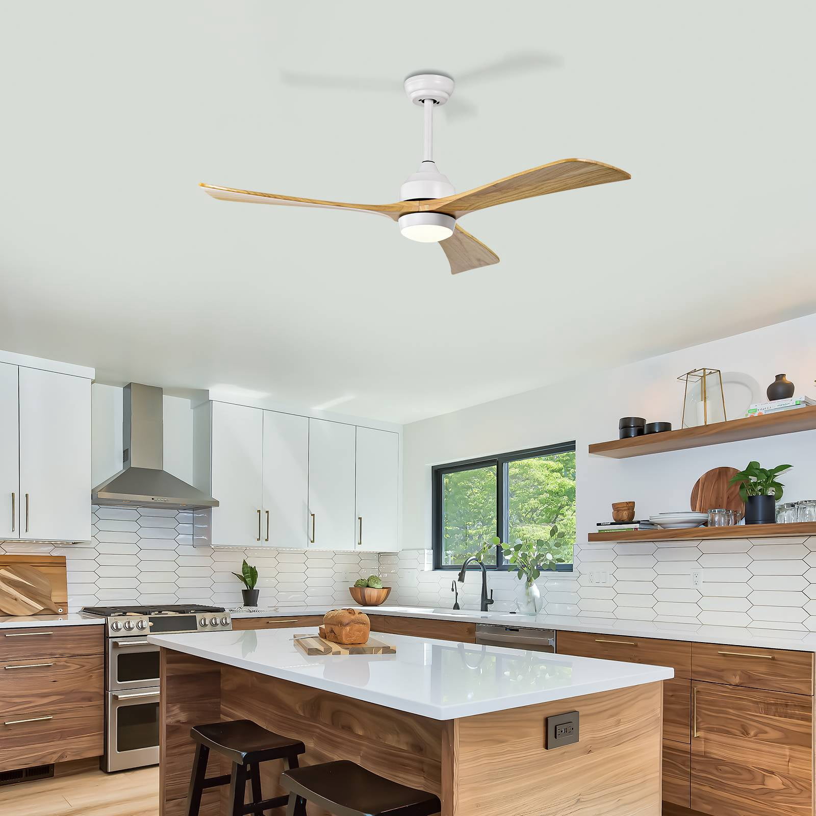 Ceiling Fan with Light, 52 Inch Solid Wood Blade Quiet Fan for Home Office Living Room, White Natural Wood