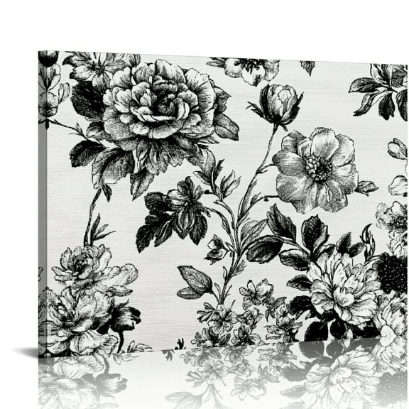 Autua Floral Pattern Black White Wall Decor Canvas Art Print 20x16in