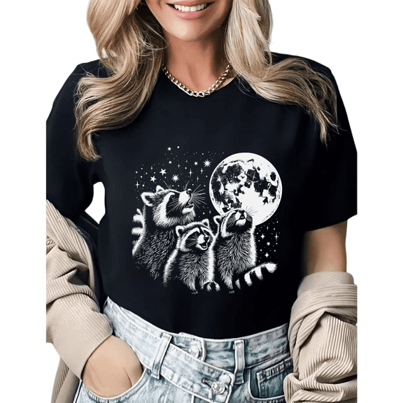 Cute Raccoon Family Night Sky Graphic Tees Womans T-shirt Shirts Black White S-5XL Tops