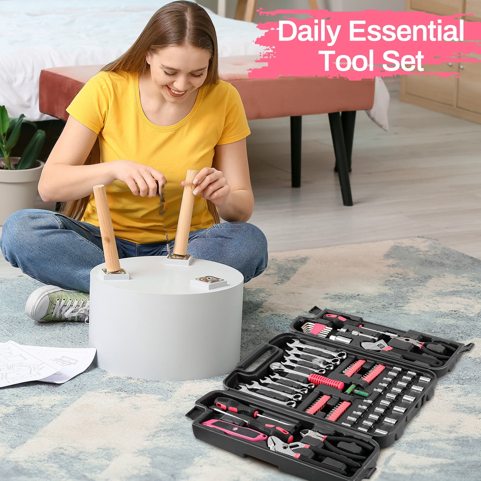 TLGREEN 95-Piece Mechanics  Tool Set, Car Tool Kit with Adjustable Wrench, Pliers, Sockets & Bits  (Pink)