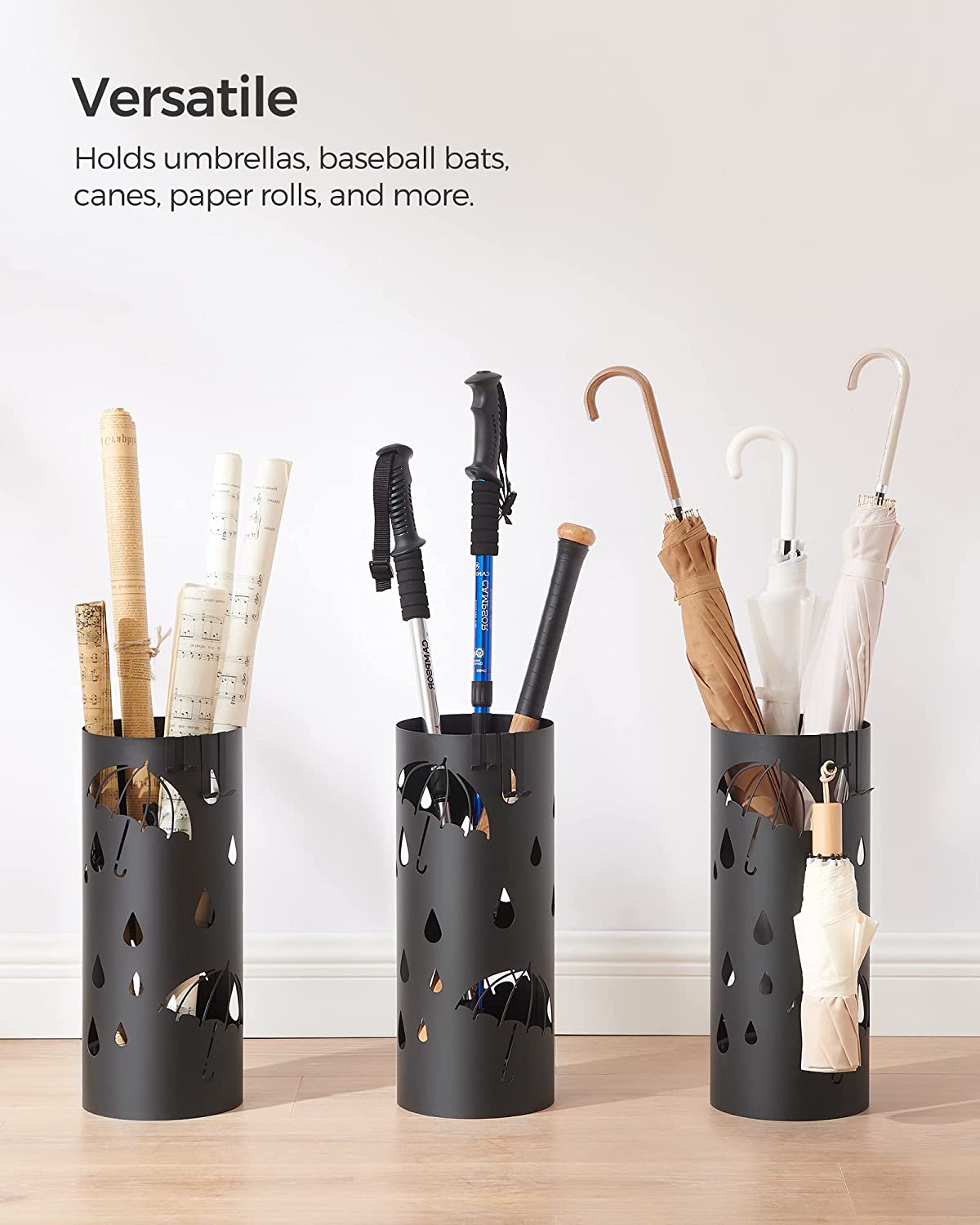 Umbrella Stand, Metal Umbrella Holder for Entryway, with Water Tray and 4 Hooks