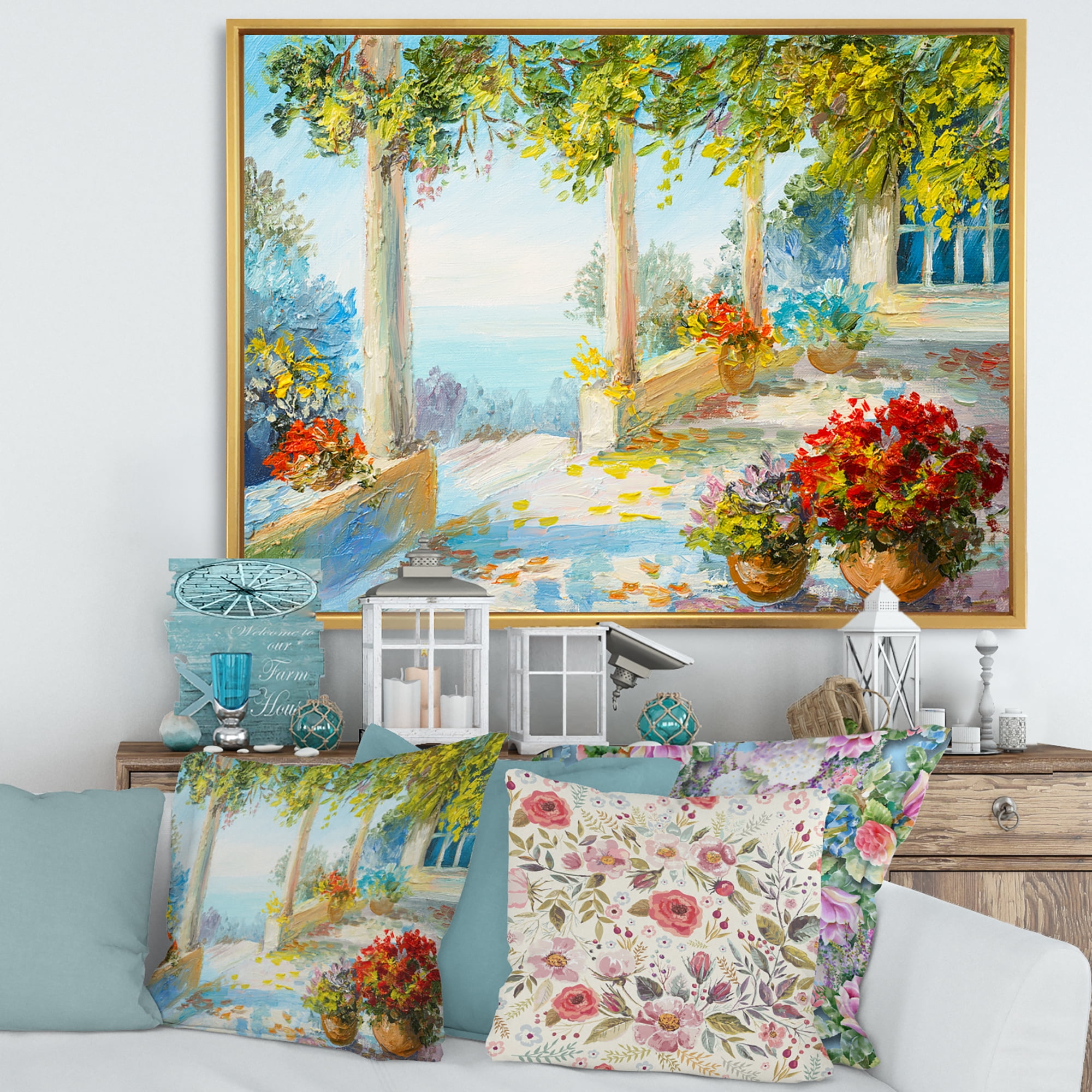 Designart 'Terrace With Red Flowers Near The Sea' Nautical & Coastal Framed Canvas Wall Art Print