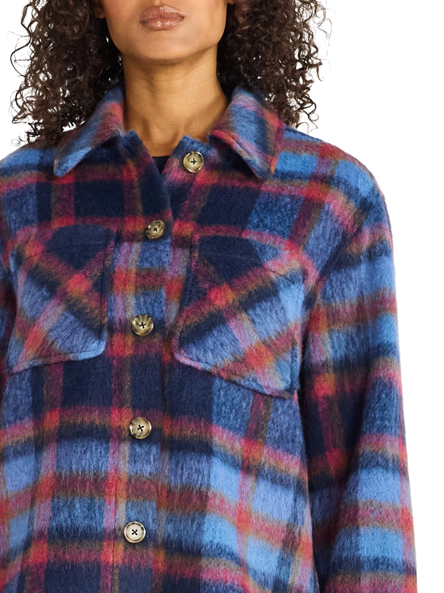 Time and Tru Women's Brushed Plaid Shacket, Sizes XS-XXXL