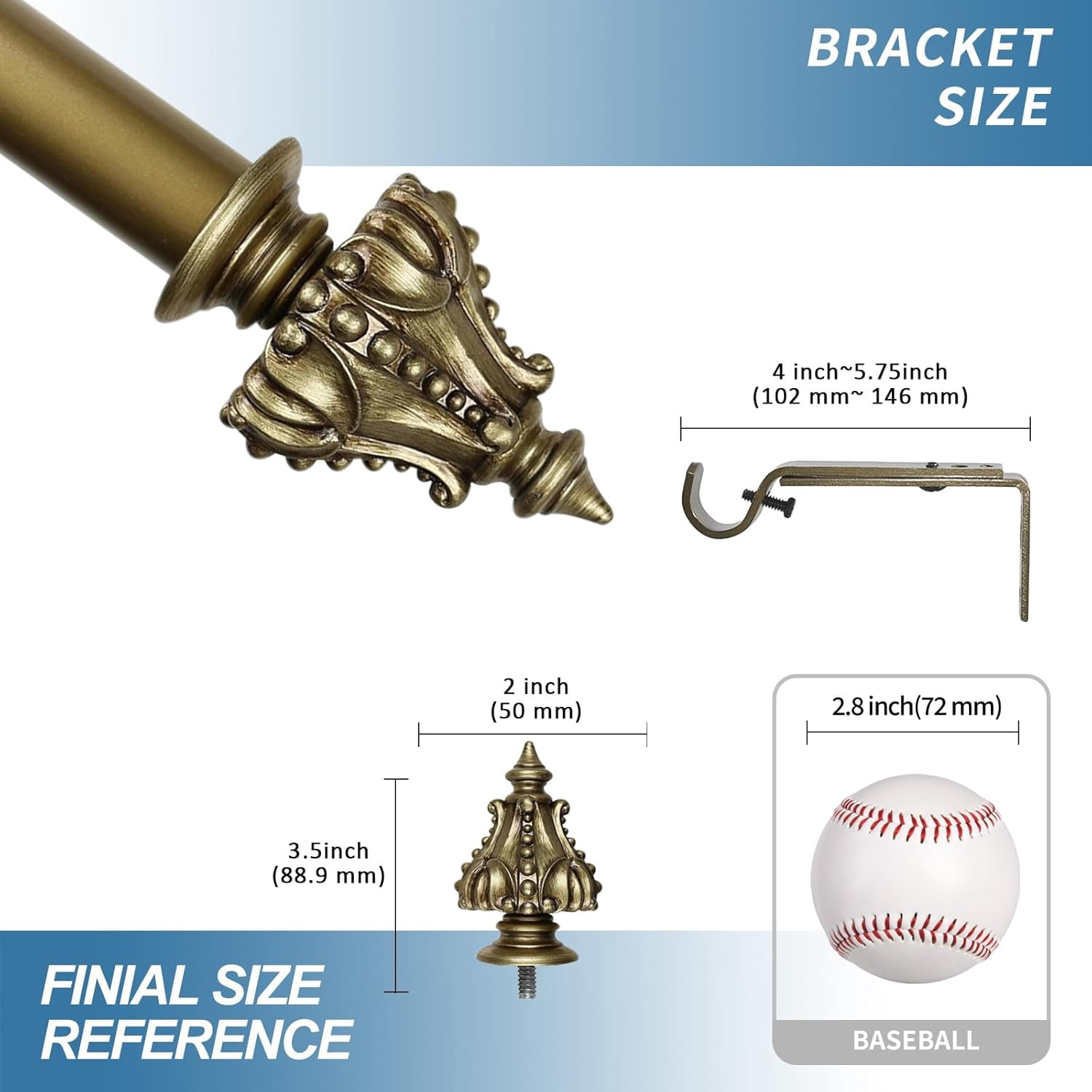 Urbanest Adjustable Single Curtain Rod Set Regale Finials – 1 - Inch Diameter, With Renaissance Gold Rod, 84–120 Inches