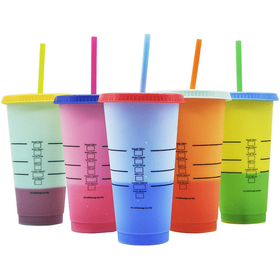 Topboutique Color Changing Cups - 5 pack 24oz Reusable Tumbler with Lids and Straws Reusable Cups BPA Free Colored Tumbler with Straw