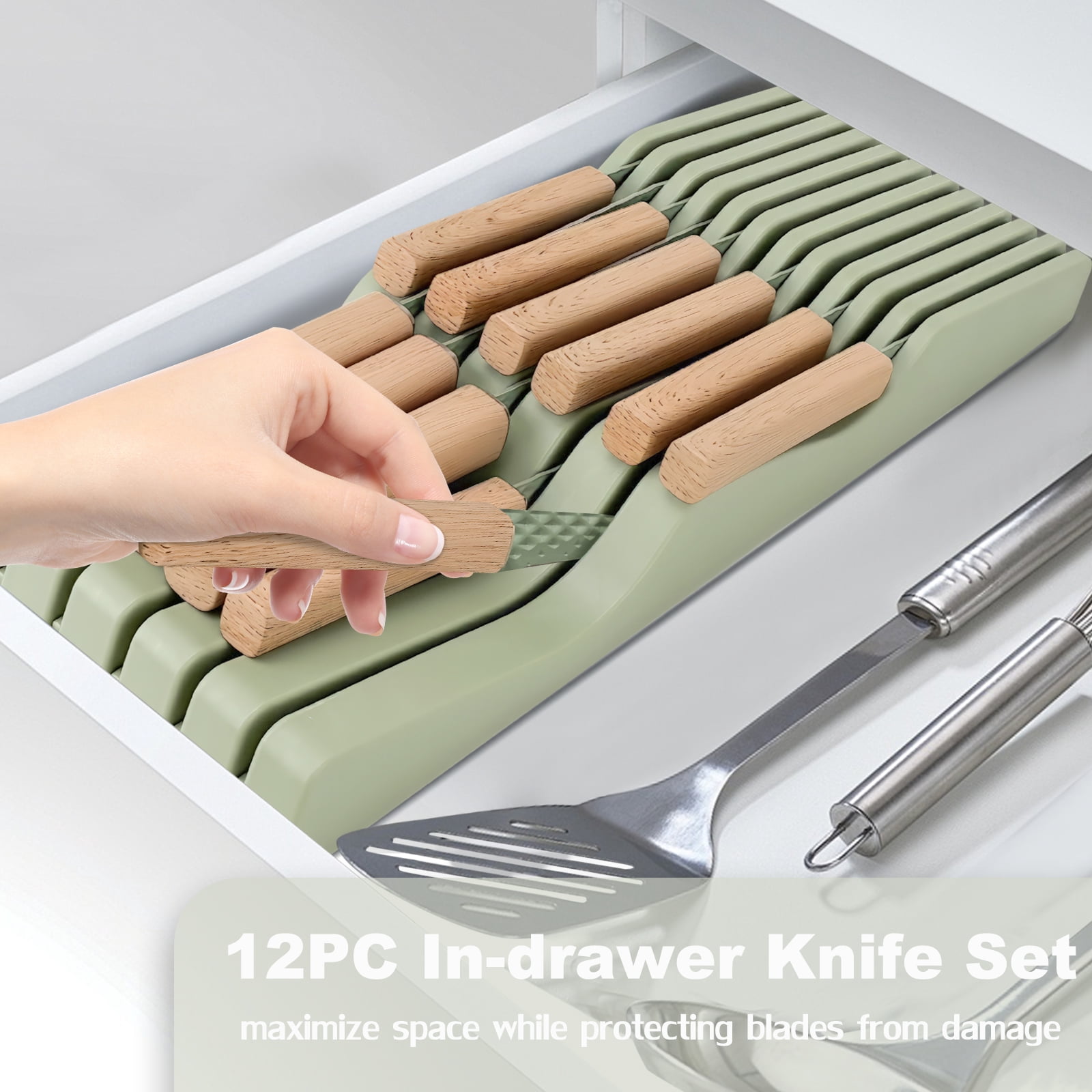 In-Drawer Kitchen Knife Set, 12 Pieces Knife Block Set with In-Drawer Knife Organizer, Sharp & Non-stick Stainless Steel Chef Knife Set, Kitchen Knives Set for Kitchen Home Apartment