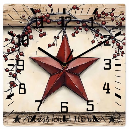 Red Texas Star Rustic Wooden Wall Clock Silent Non Ticking, Country Star Berries Wooden Square Wall Clocks Battery Operated, Decor Clock for Home Office, Living Room, Kitchen, 12 Inch