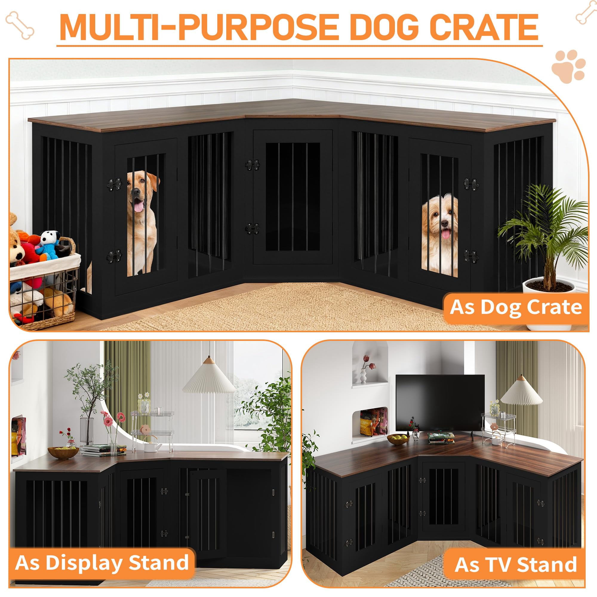 Large Dog Crate Furniture for 3 Dogs, Corner Dog Crate with Divider, 3 in 1 Heavy Duty Indoor Wooden Dog Kennel Furniture