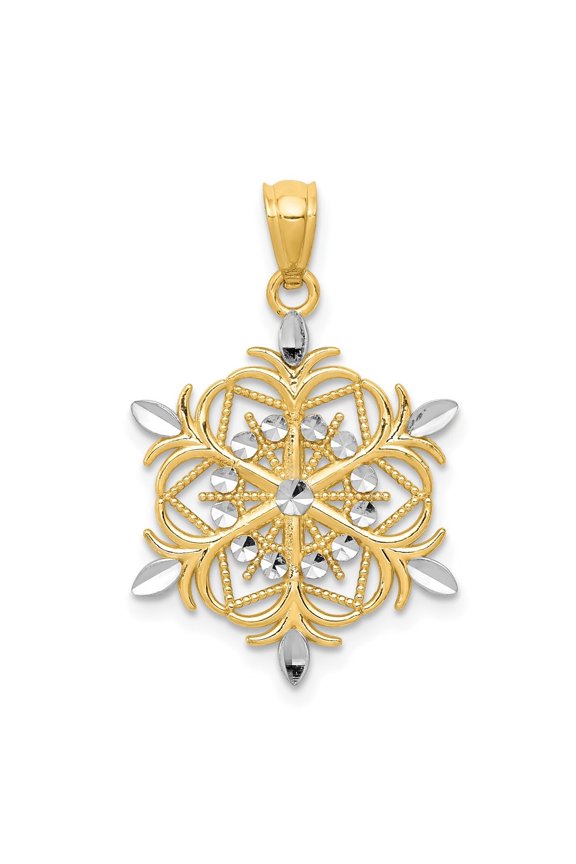 14k Yellow Gold w/ Rhodium Diamond-cut Snowflake Pendant for Women