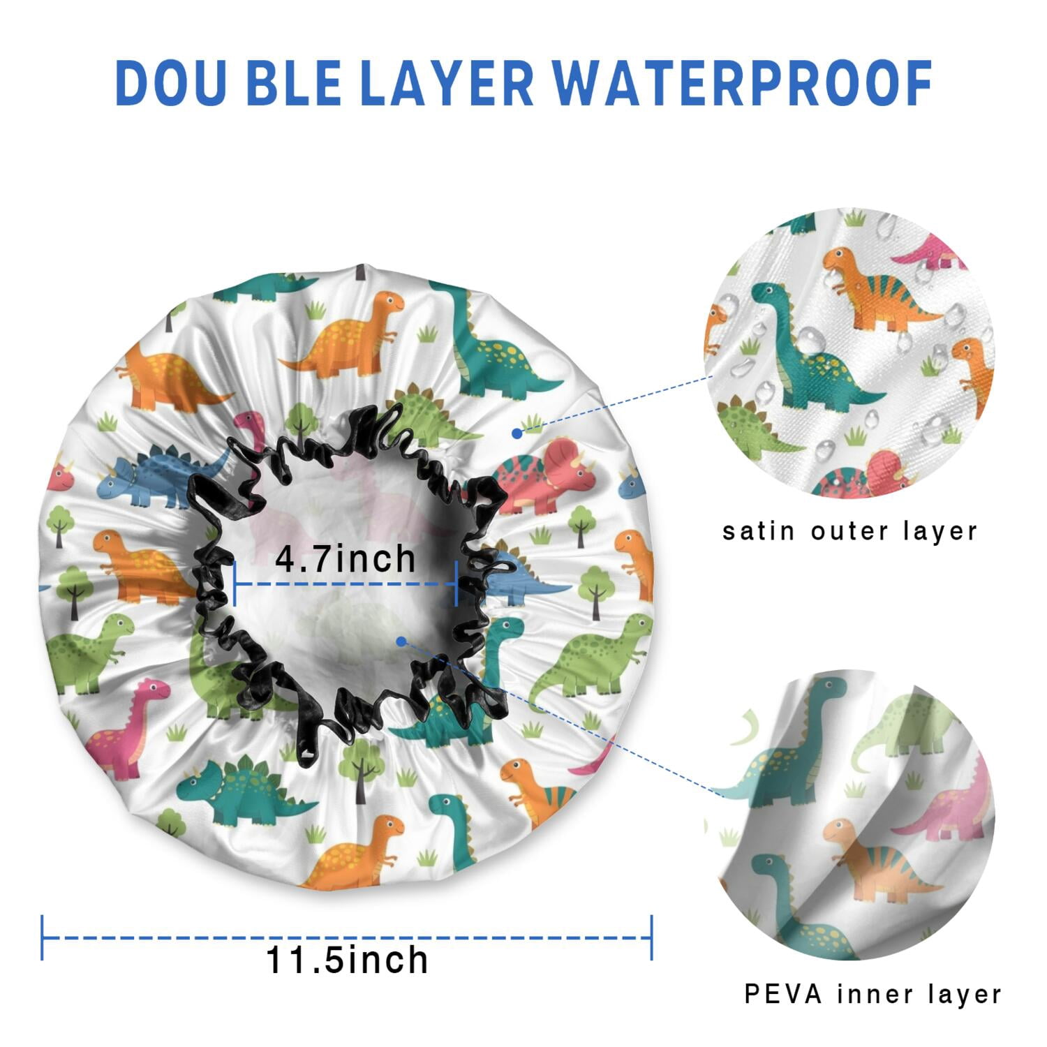 Shower Caps,White Cartoon Dinosaurs Trees Pattern Waterproof Shower Cap for Women 4 Pieces,Double Reusable Hair Cover for Shower PEVA Elastic Stretch Hem