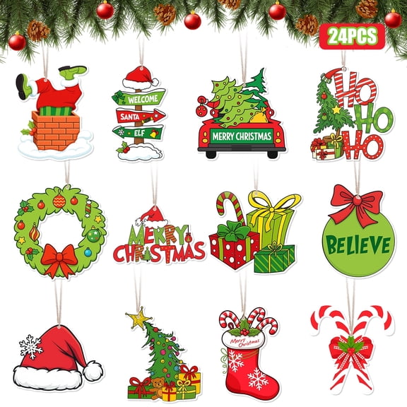 Christmas Wooden Ornaments Set 24Pcs, Funny Grichmas Christmas Tree Hanging Decoration, Home Party Pendants Decor