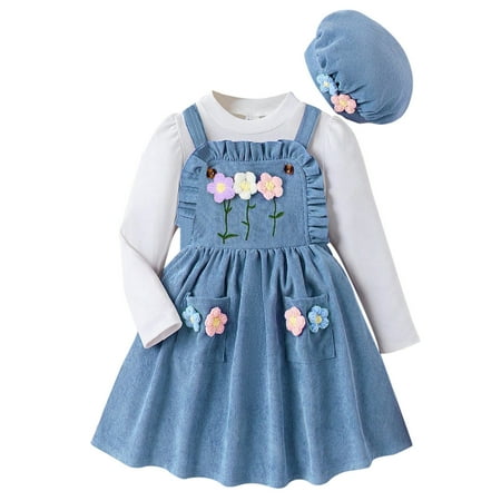 

Toddler Girls Long Sleeve Flower Tops And Dress Hat 3PCS Outfits Clothes Set For Children Kids Winter FallClothes