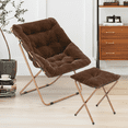 thumbnail image 4 of Magshion Set of 2 Saucer Chair and Folding Footrest Stool Set, Soft Faux Fur Oversized Accent Chair, Metal Frame Moon Chair for Bedroom Living Room, Brown, 4 of 11