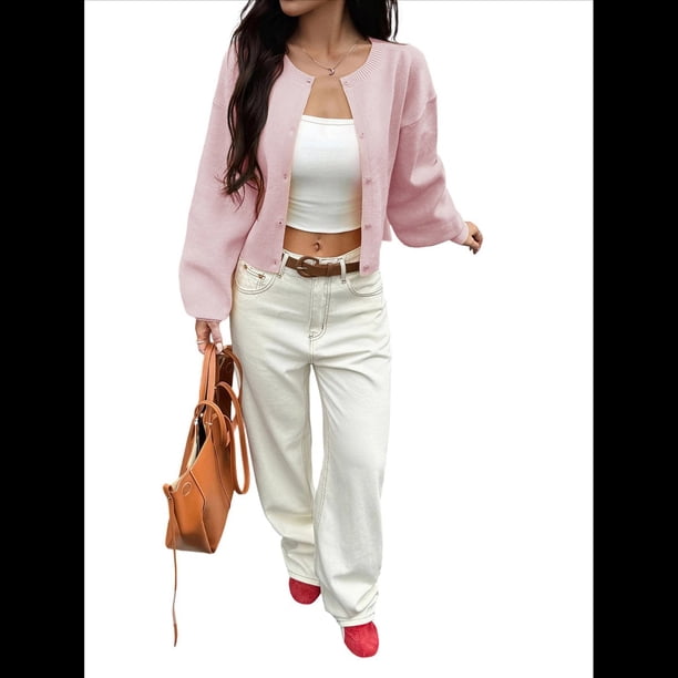 Cárdigan Corto de Punto con Botones para Mujer, Moderno Cárdigan de Otoño con Cuello Redondo y Larga. Rosa S