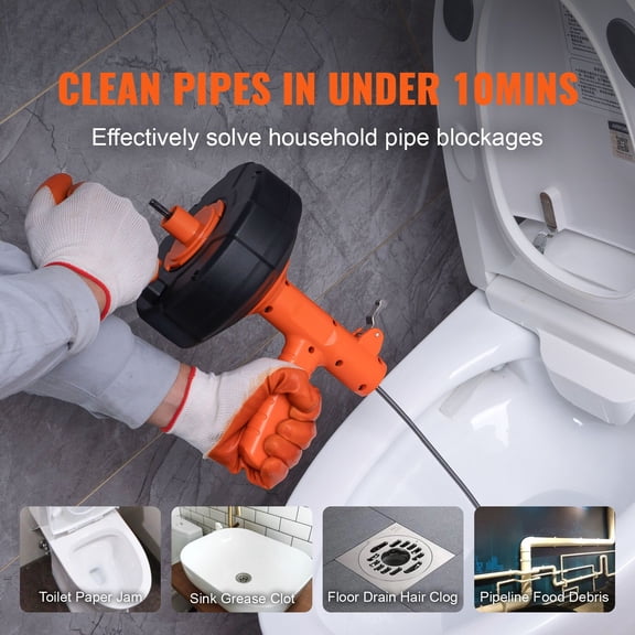 25Ft Pipe Snake Drain Cleaner - Auto Feed Plumbers Snake with Drill Adapter for Kitchen, Bathroom, Shower - Includes Hose & Gloves