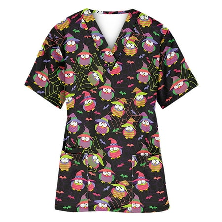 

Women s Christmas Scrubs Tops Nurse Working Uniforms Cute Cartoon Printed T-Shirt V Neck Medical Scrub Shirts
