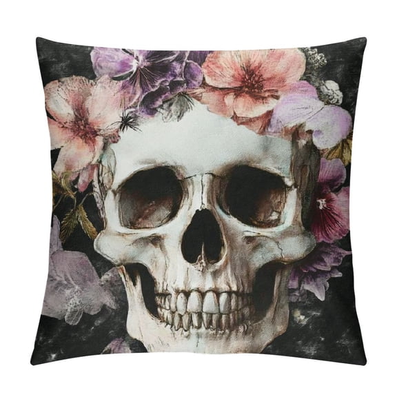 Qinduosi Skull and Flowers Day of The Dead Throw Pillow Cover with Hidden Zipper Cushion Case for Couch Sofa Patio Home Car Christmas Decor Gift 12x12in