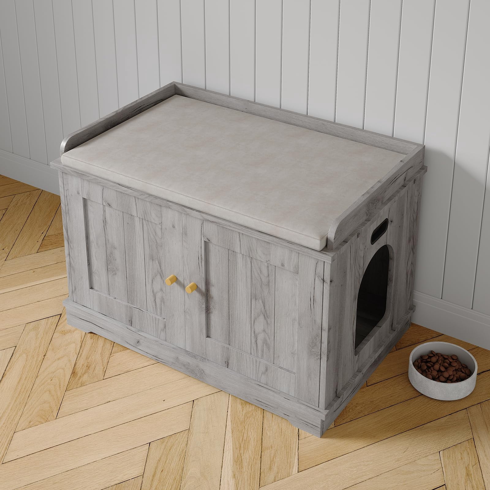 Dog-Proof Cat Litter Box Enclosure Furniture-Hidden Cabinet with Wooden Barn Door-Large Covered Pet House-Modern Farmhouse Style-Fits Most Litter Boxes